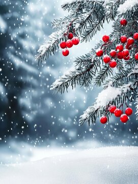 Winter Wonderland: Snow, Berries, and Evergreen Branches in a Snowy Landscape