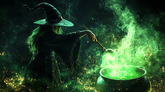 Witch hands doing magic over cauldron with potion. Vector cartoon illustration of female magician putting spell, hot green substance boiling in pot, sparkles glowing on black background, witchcraft