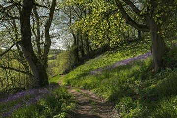 Fototapeta premium Path Through a Spring Forest A winding dirt path through a vibrant green forest, with dappled sunlight on the ground