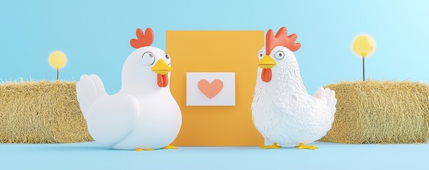 Playful Cartoon Chickens with Heart Card Decoration