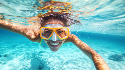 Naklejka premium Girl swims in sea water top view. Concept of summer resort on ocean beach, water sports and leisure activity. Vector cartoon illustration of woman in bikini in swimming pool or lake