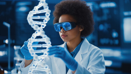 African American students exploring a holographic DNA strand in a futuristic science lab