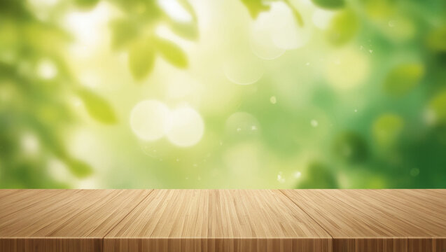 empty wooden table on green grass background