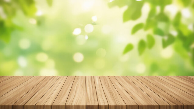 empty wooden table on green grass background