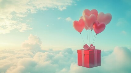 A Box flying on a parachute with pink cloud in valentine day,package flying down from sky and cloud with parachute, concept for delivery service,shopping online,air delivery service.