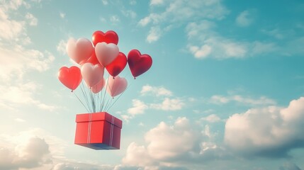 A Box flying on a parachute with pink cloud in valentine day,package flying down from sky and cloud with parachute, concept for delivery service,shopping online,air delivery service.
