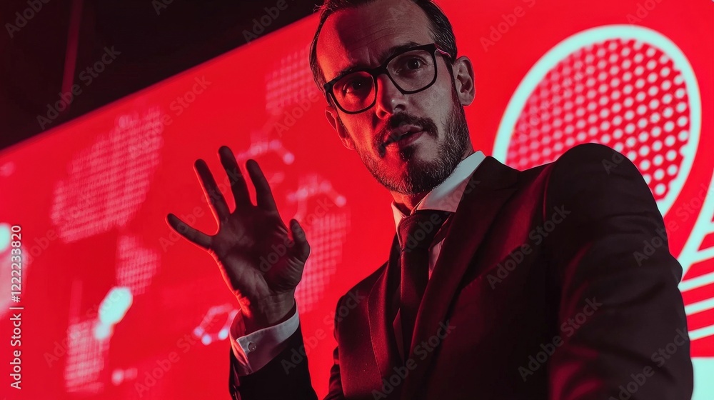 Aufkleber professional man in suit presenting data on red background with digital graphics and expressive gest