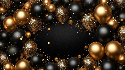 Festive gold and black balloon confetti celebration background for party design
