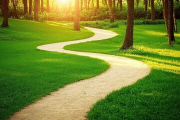 Fototapeta premium Path Through a Spring Forest A winding dirt path through a vibrant green forest, with dappled sunlight on the ground