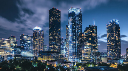 Naklejka premium Urban cityscape panoramic night banner vector cartoon illustration with buildings, city skyline with skyscraper and tower architecture, megapolis landscape, town scenic background