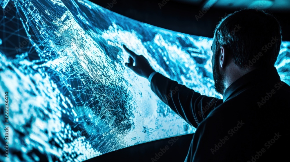 Aufkleber professional man interacting with futuristic data visualization on large screen in dark room