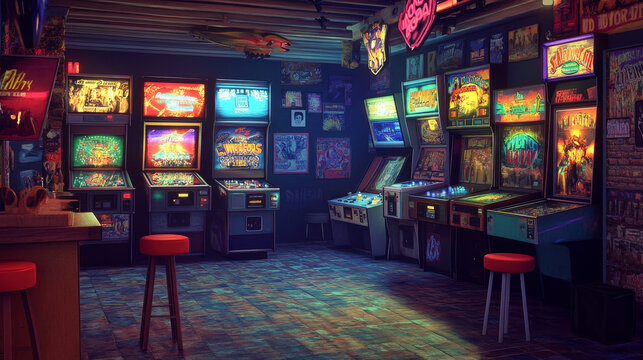 Retro night club with game machines. Vector cartoon illustration of dark play zone interior design, old arcade cabinets with buttons and console joystick, 80s vintage pinball equipment, poster on wall
