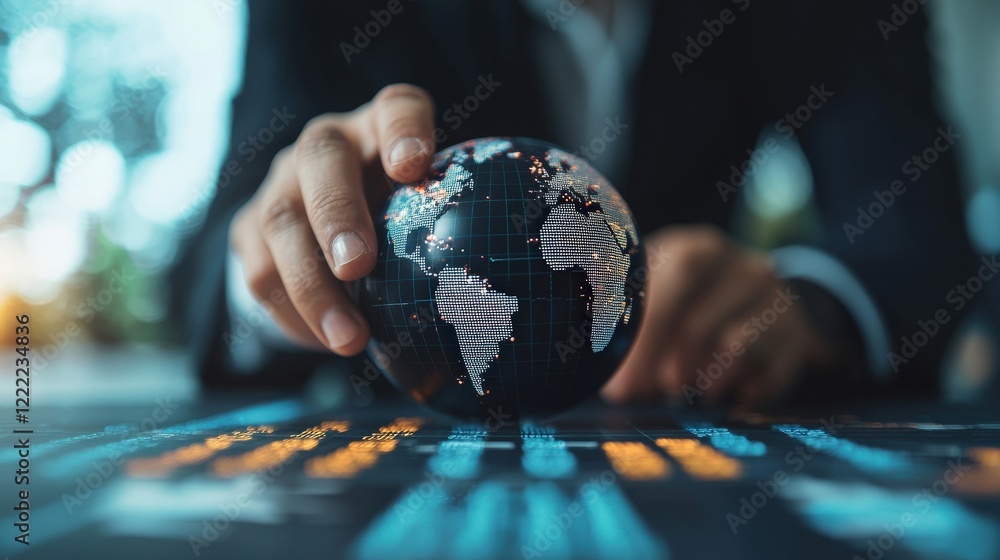 Poster businessman holding a globe with digital data displayed on a table in a modern office environment