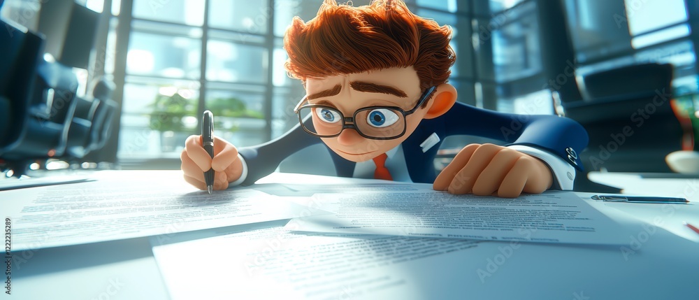Poster document signing action by animated character in modern office environment engaging content for busi