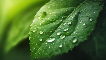 Fresh Green Leaf with Water Droplets, Healthy and Glossy, Captured in Serene CloseUp with Beautiful Glistening Droplets.