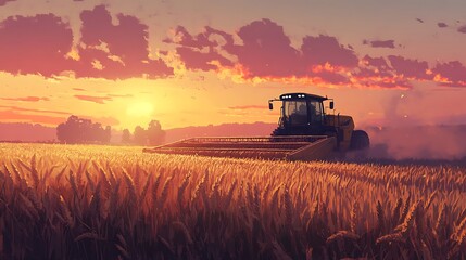 Fototapeta premium Golden Harvest Sunset: A tractor harvests wheat in a picturesque field at sunset, painting the sky with vibrant orange and pink hues.