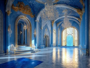 Obraz premium shimmering blue and gold palace ballroom with reflective floor and elegance