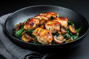 Fototapeta premium Savory Garlic Mushroom Chicken Fillet with Cooked Spinach