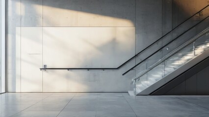 Modern and Minimalist Empty Room with Large Window, Escalator, Concrete Walls, and Blank White Panels for Adobe Stock.