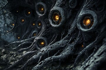 Dark Forest, Glowing Eyes, Spooky Tree, Night, Mystery, Fantasy, Magic, Eerie, Surreal, Horror