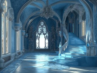 serene underwater palace with blue hues and architectural details