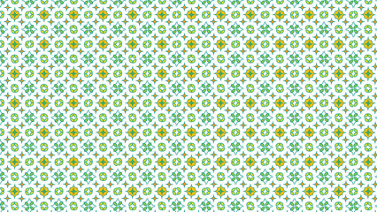 A digitally created seamless pattern featuring repetitive green and yellow geometric shapes. Perfect for use in backgrounds, wallpapers, textiles, and graphic designs requiring an intricate and vibran