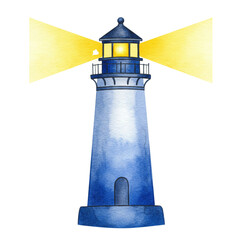 Blue Watercolor Lighthouse Beacon Night Light Shining Bright Hopeful Sea Art Ocean Coast Tower Image