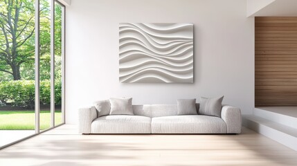 Home Decor Item Stylish wall art with abstract design, hung in a modern living room, natural light highlights the artwork colors