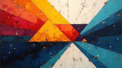  An elegant geometric design with sharp triangles in vibrant colors, smooth gradient shading, and a textured marble-like backdrop.