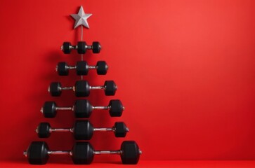 Fototapeta premium Festive Christmas Tree Made of Black Dumbbells in Pyramid Shape on Red Background with Star on Top