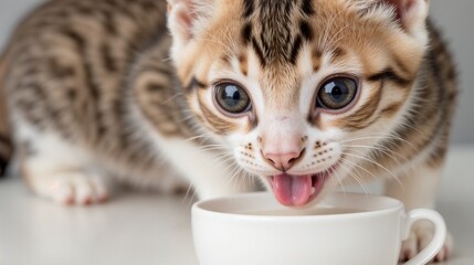 Kitten drinking milk from a saucer, Striped Kitten Drinking Calmly from a Cup with White Background