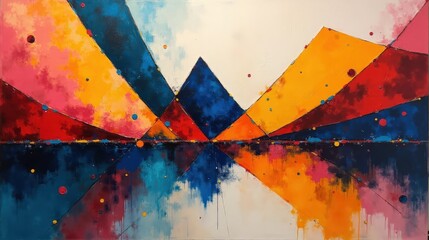  An elegant geometric design with sharp triangles in vibrant colors, smooth gradient shading, and a textured marble-like backdrop.