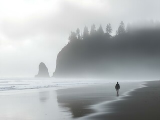 solitary figure, foggy beach, misty ocean, dramatic landscape, peaceful atmosphere
