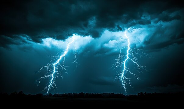 Lightning strikes illuminate dark stormy sky over silhouetted landscape