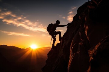 Man climbing mountain silhouette recreation adventure.