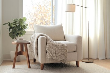 Fototapeta premium small cozy reading nook with light beige armchair wooden side table and single floor lamp