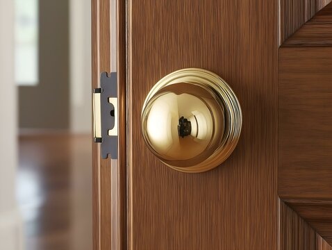 brass door knob on rich brown wooden door