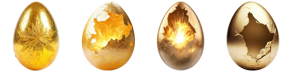 exclusive golden eggs concept. Four ornate golden eggs with unique textures and designs.