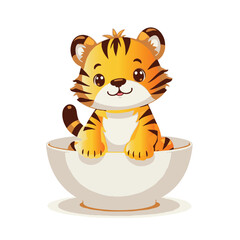 Adorable Cartoon Orange Tiger Cub in a Bowl, Suitable for Children's Books, Stickers, and Educational Materials

