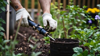 Gardener Planting Seedling with Modern Tool in Vegetable Garden