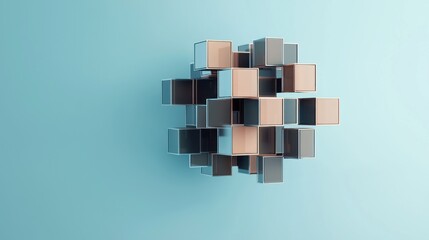 Abstract Composition of Metallic Cubes on Blue Background
