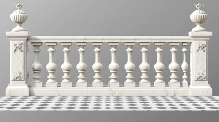 Fototapeta premium White marble balustrade on balcony, porch or terrace with tiled floor. Stone handrail in classic roman style isolated on transparent background. Vector realistic mockup with baroque railing
