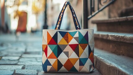 Modern Cross-Stitch Tote Bag with Geometric Embroidery (Generative AI)