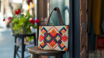 Modern Cross-Stitch Tote Bag with Geometric Embroidery (Generative AI)