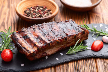 Grilled Pork ribs barbecue photography . Top view