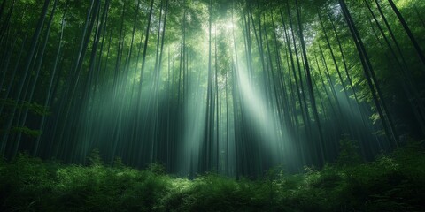 Obraz premium A forest with sunlight shining through the trees