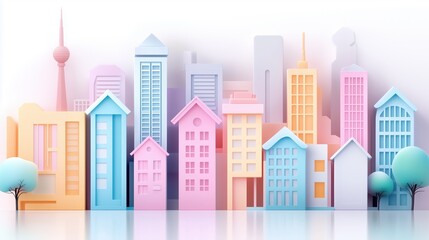 Obraz premium Pastel-colored cityscape with various buildings and trees in a vibrant and playful illustration style. Urban landscape design concept.