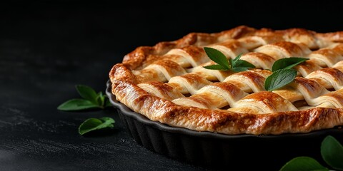 A pie with a leaf on top of it