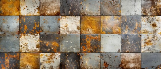 Vintage patchwork concrete and stone texture wall with rusty brown and gray worn tiles