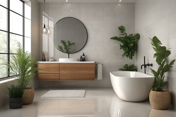 A bathroom with a large mirror, a sink, and a bathtub